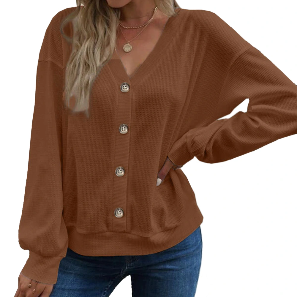 Woman V Neck Drop Shoulder Sleeve Top Button Front Pure Color Fashion Long Sleeve Pullover Top Khaki S