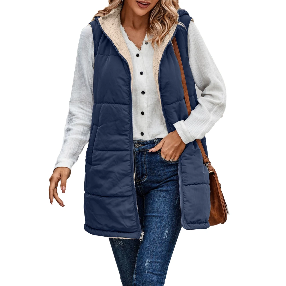 Women Warm Sleeveless Jacket Fashion Simple Patchwork Puffer Hooded Fall Reversible Vest Dark Blue XL