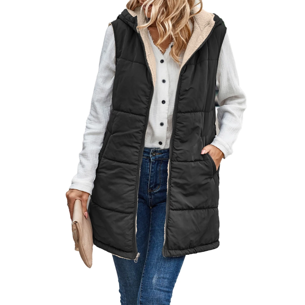 Women Warm Sleeveless Jacket Fashion Simple Patchwork Puffer Hooded Fall Reversible Vest Black S