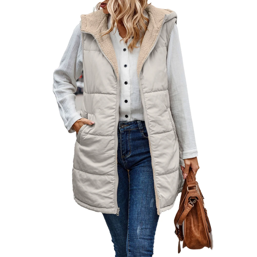 Women Warm Sleeveless Jacket Fashion Simple Patchwork Puffer Hooded Fall Reversible Vest Light Khaki M