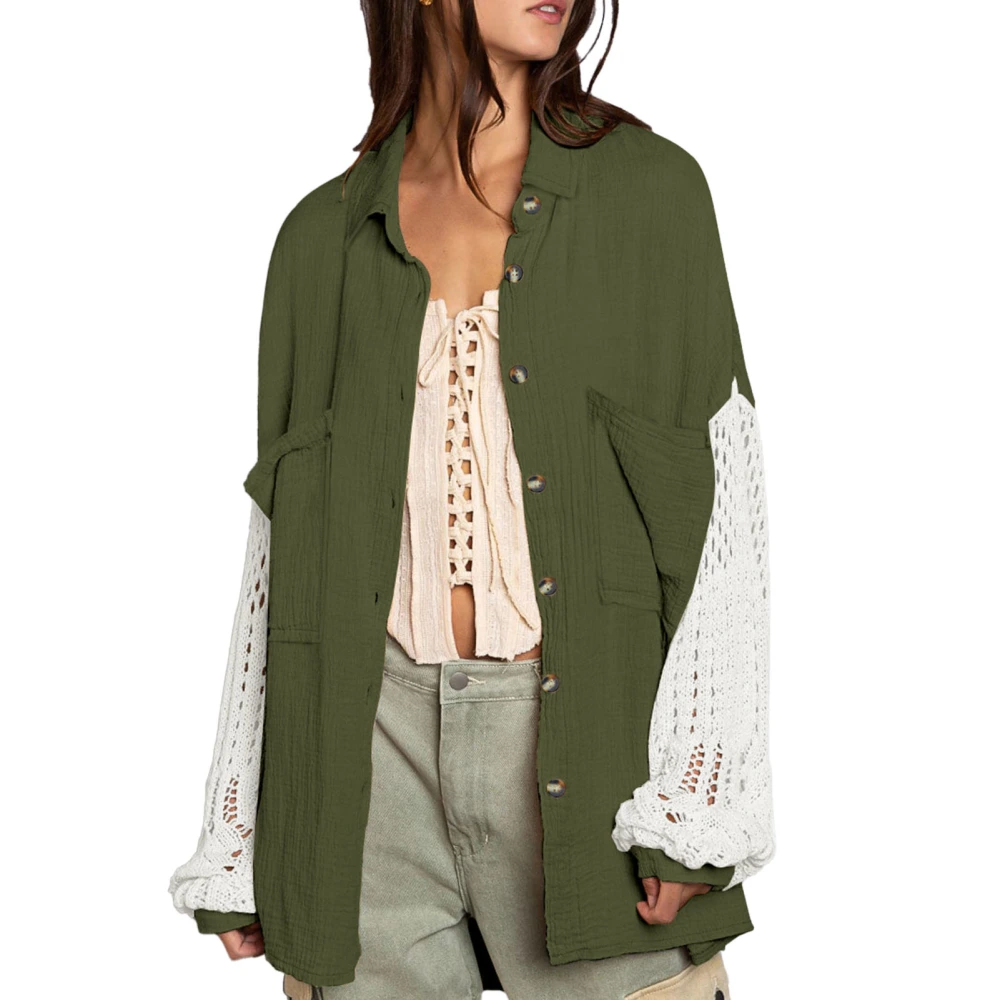 Women Long Sleeve Top Turn Down Collar Shirt Single Breasted Button Stitching Hollow Out Sleeves Loose Shirt Green XL