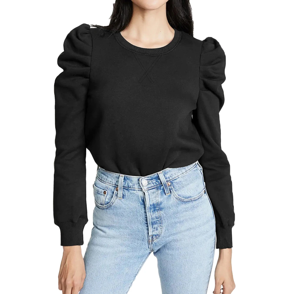 Women Round Neck T Shirt Long Puff Sleeves Rib Bottom Pure Color Loose Fitting Casual Blouses Black S