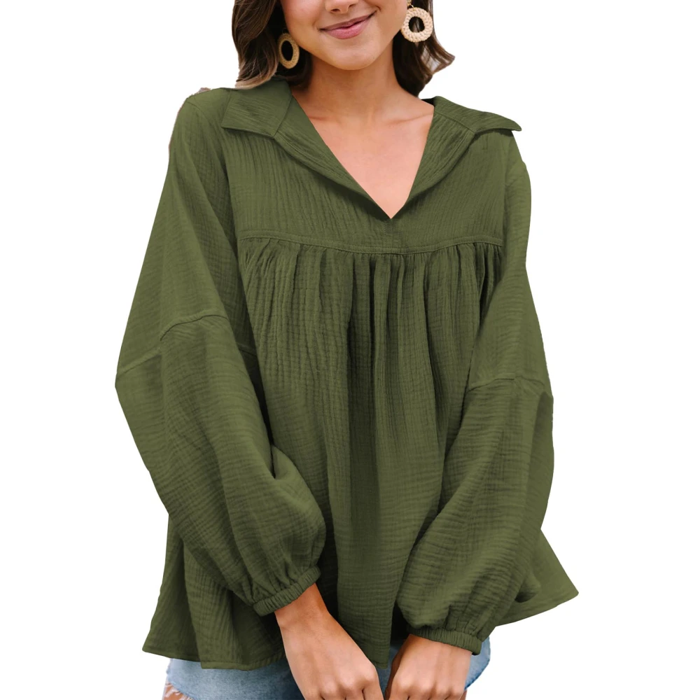 Flowy V Neckline Blouse Puff Long Sleeve Casual Fitted Pleated Women Dressy Top for Women OD Green L