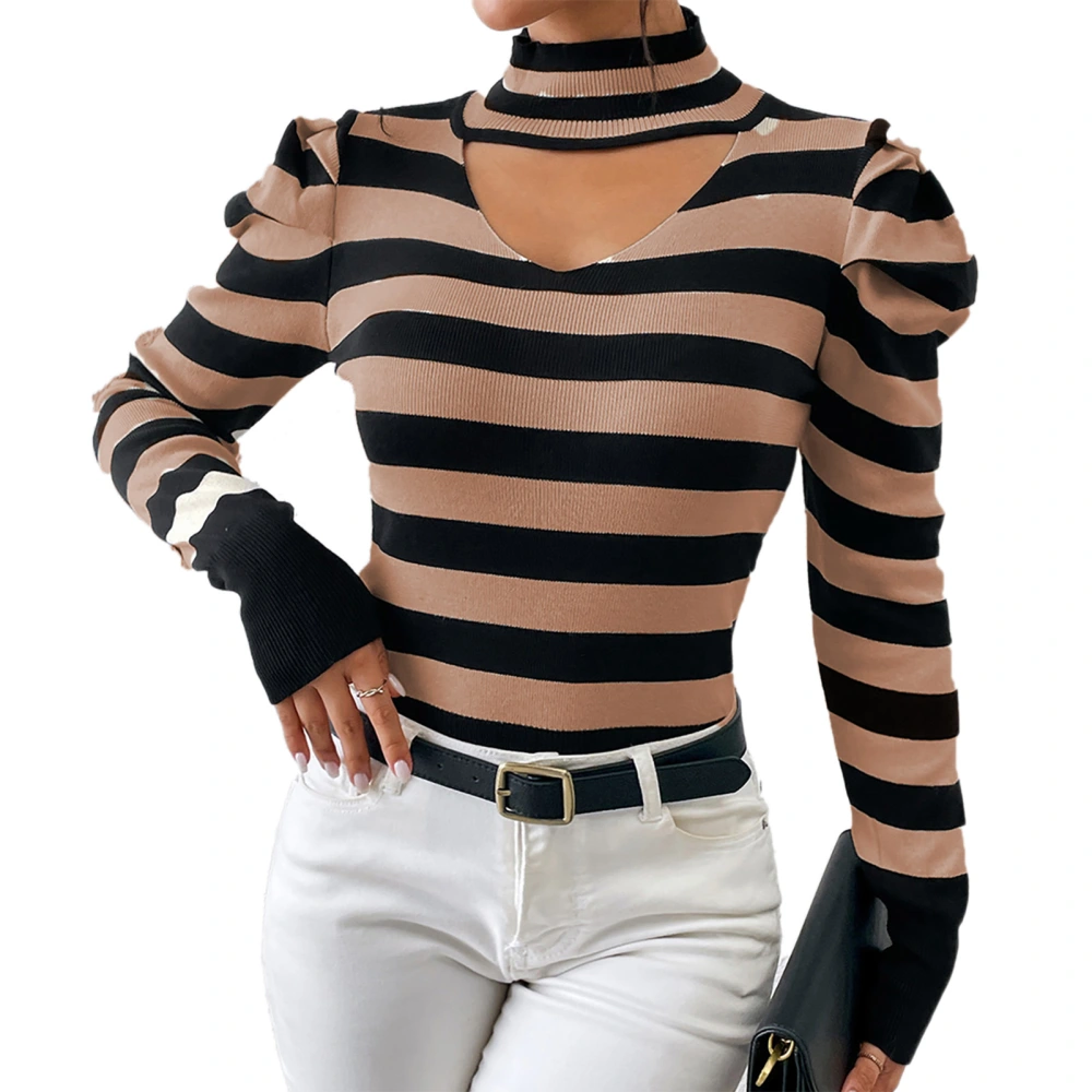 Women Sweater Puff Long Sleeves Neck Cut Out Slim Fit Pullover Strip Pattern Knitwear for Home Date Brown L