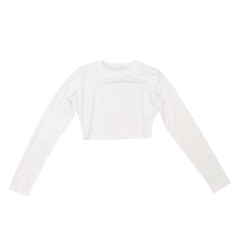 Women Long Sleeve Slim Fit T Shirt Stretchy Pure Color Round Neck Cotton Basic Tee Top White L