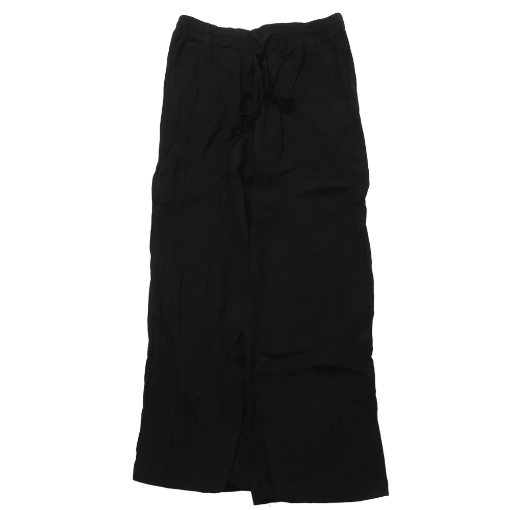 Women Wide Leg Pants Drawstring with Pockets Loose Fit Comfortable Linen Cotton Pants for Travel Work Dating Black XL