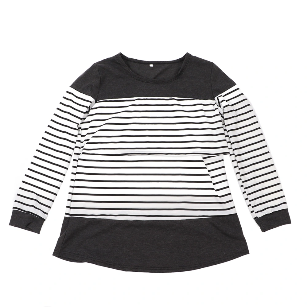 Long Sleeve Breastfeeding Top Stylish Stripe Print Soft Breathable Women Nursing Shirt Black M