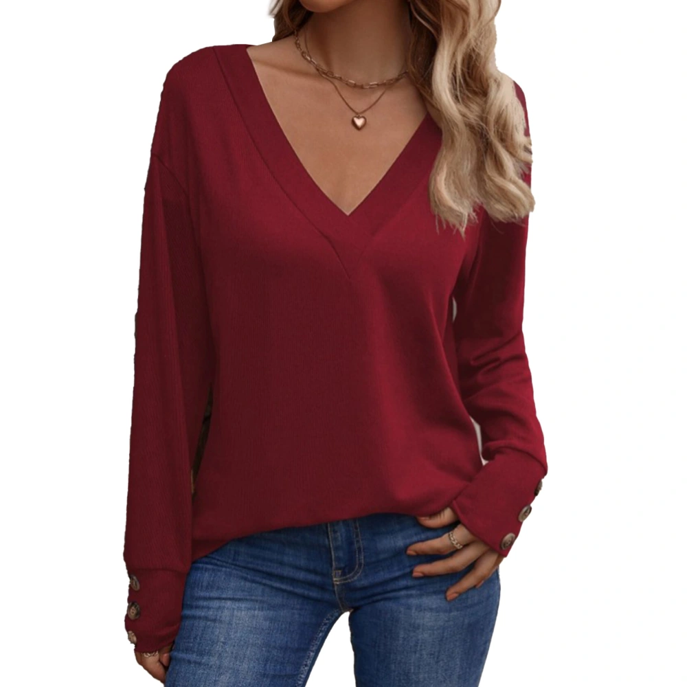 Women Blouse Long Sleeves V Neck Pure Color Cuff Button Decor Women Shirt for Fall Winter Wine Red M