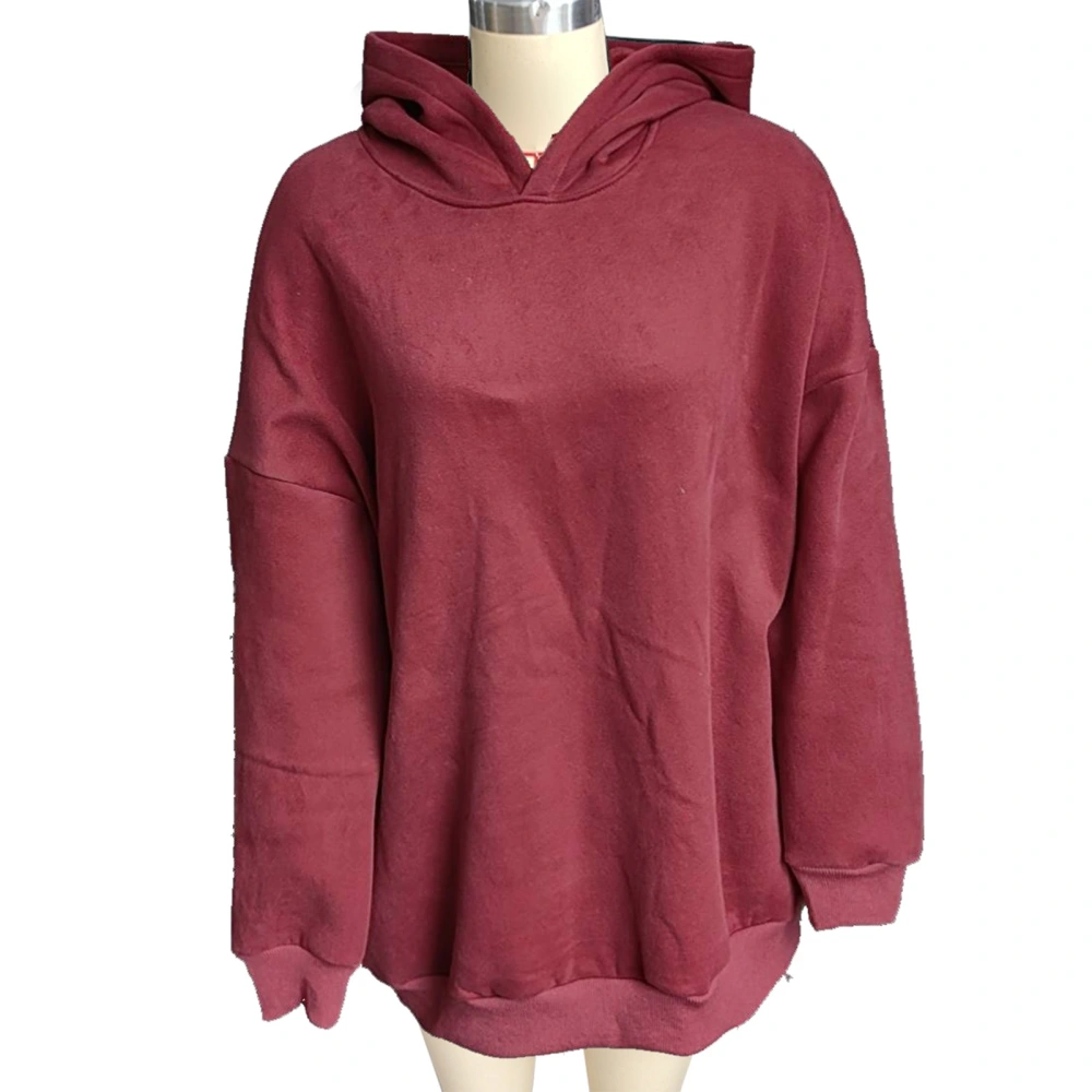 Women Hoodies Drop Shoulder Long Sleeves Loose Fitting Pure Color Casual Oversized Pullover Top Wine Red L