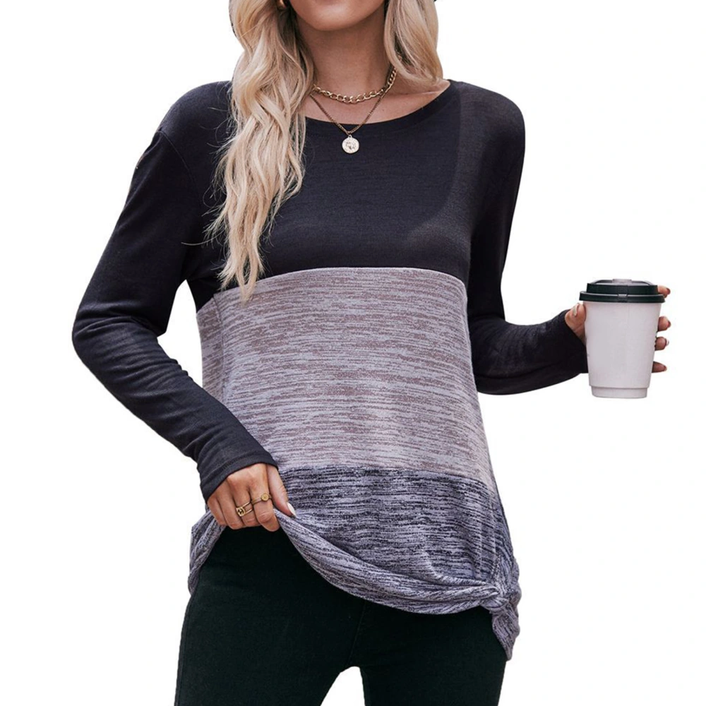 Women T Shirt Long Sleeve Round Neck Casual Blocking Color Top with Kink for Shopping Work Black Grey XXL