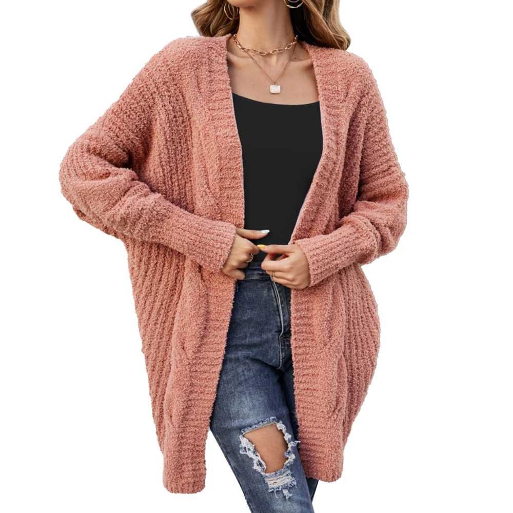 Open Front Outwear Long Sleeve V Neck Loose Casual Knitted Coat Solid Color for Women Tangerine L