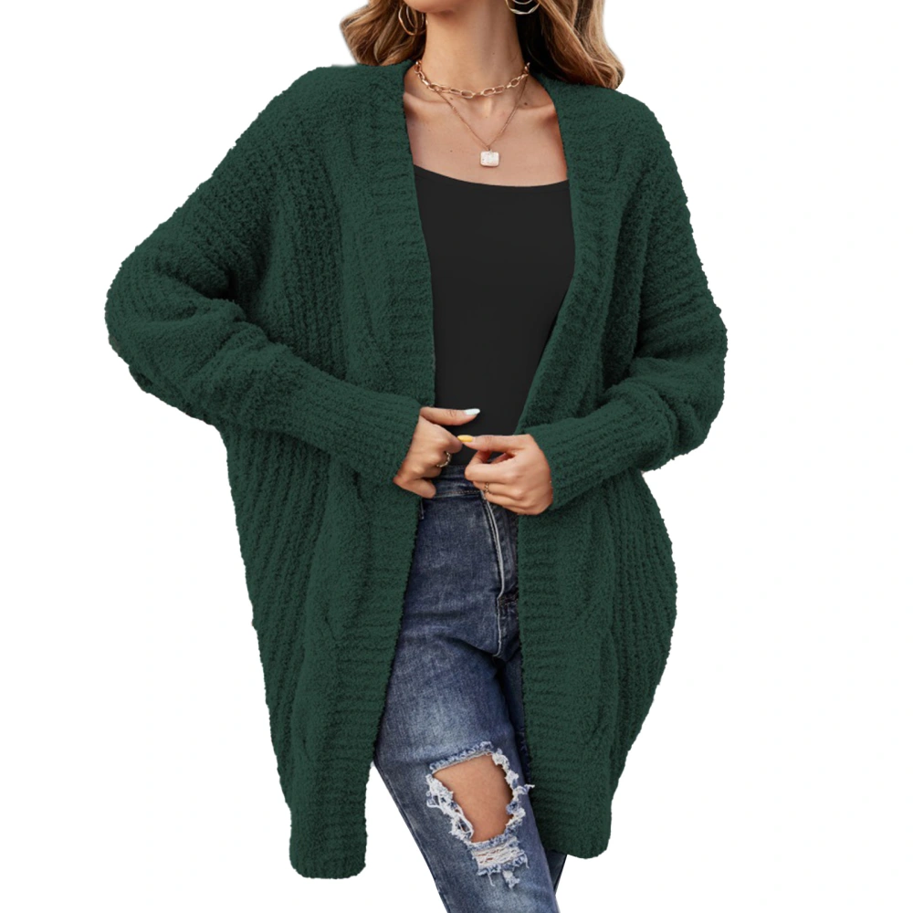 Open Front Outwear Long Sleeve V Neck Loose Casual Knitted Coat Solid Color for Women Green L