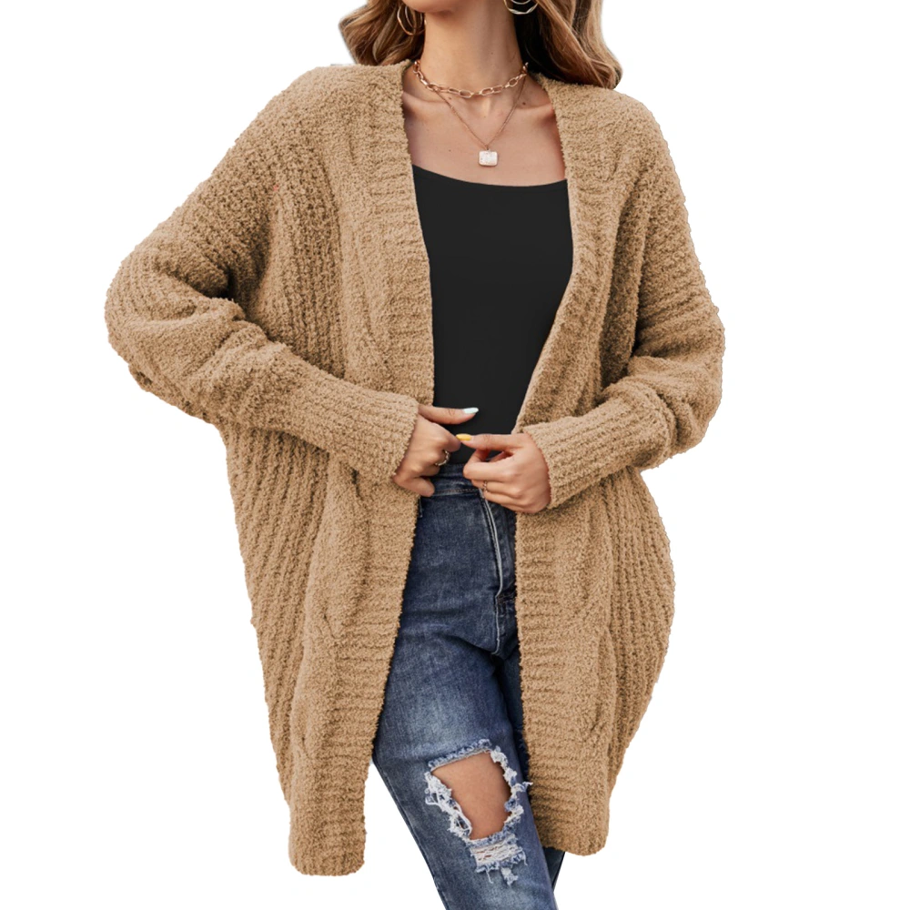 Open Front Outwear Long Sleeve V Neck Loose Casual Knitted Coat Solid Color for Women Khaki S