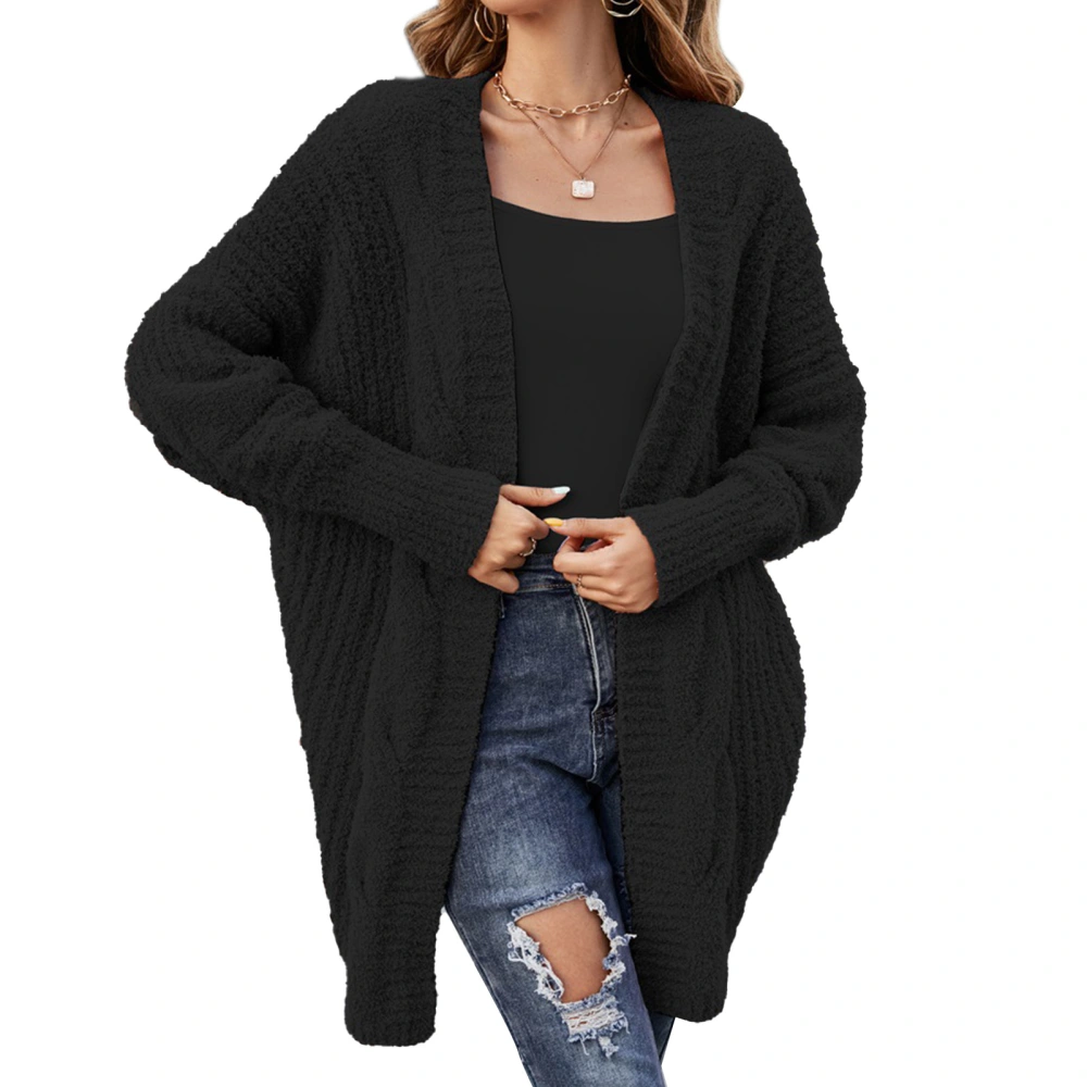 Open Front Outwear Long Sleeve V Neck Loose Casual Knitted Coat Solid Color for Women Black L