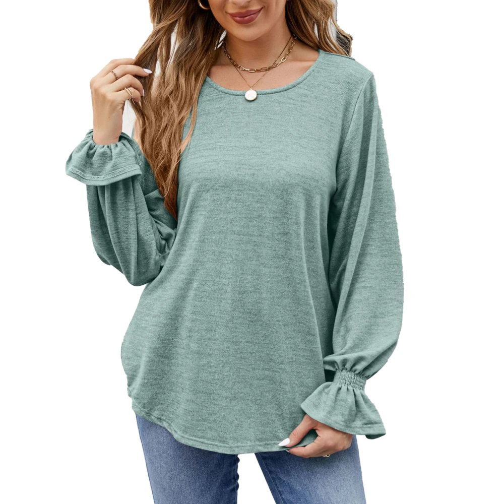 Round Neck Shirred Blouse Long Sleeve Curved Hem Plain Color Tunic Blouse Top for Women Green M