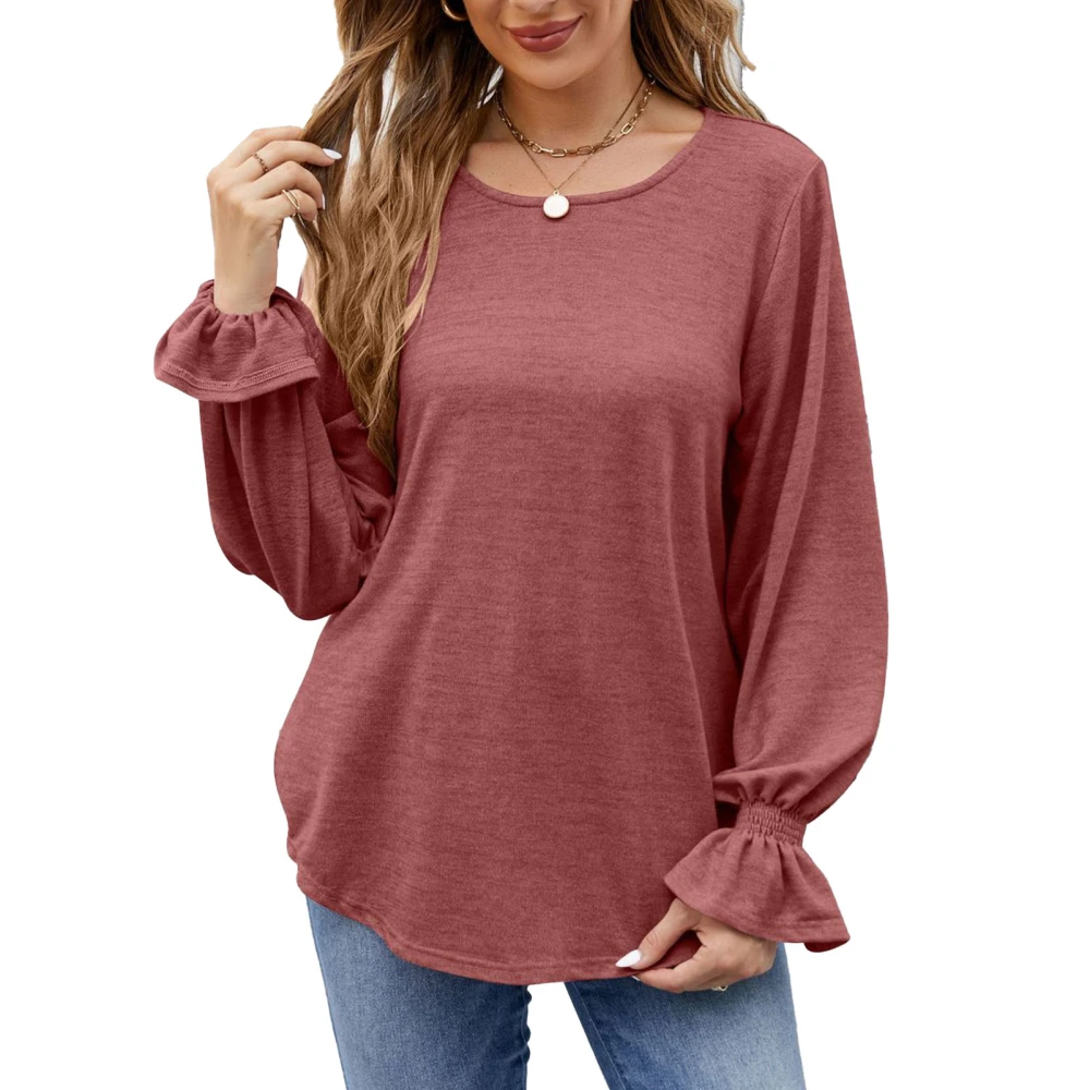 Round Neck Shirred Blouse Long Sleeve Curved Hem Plain Color Tunic Blouse Top for Women Brownish Red M