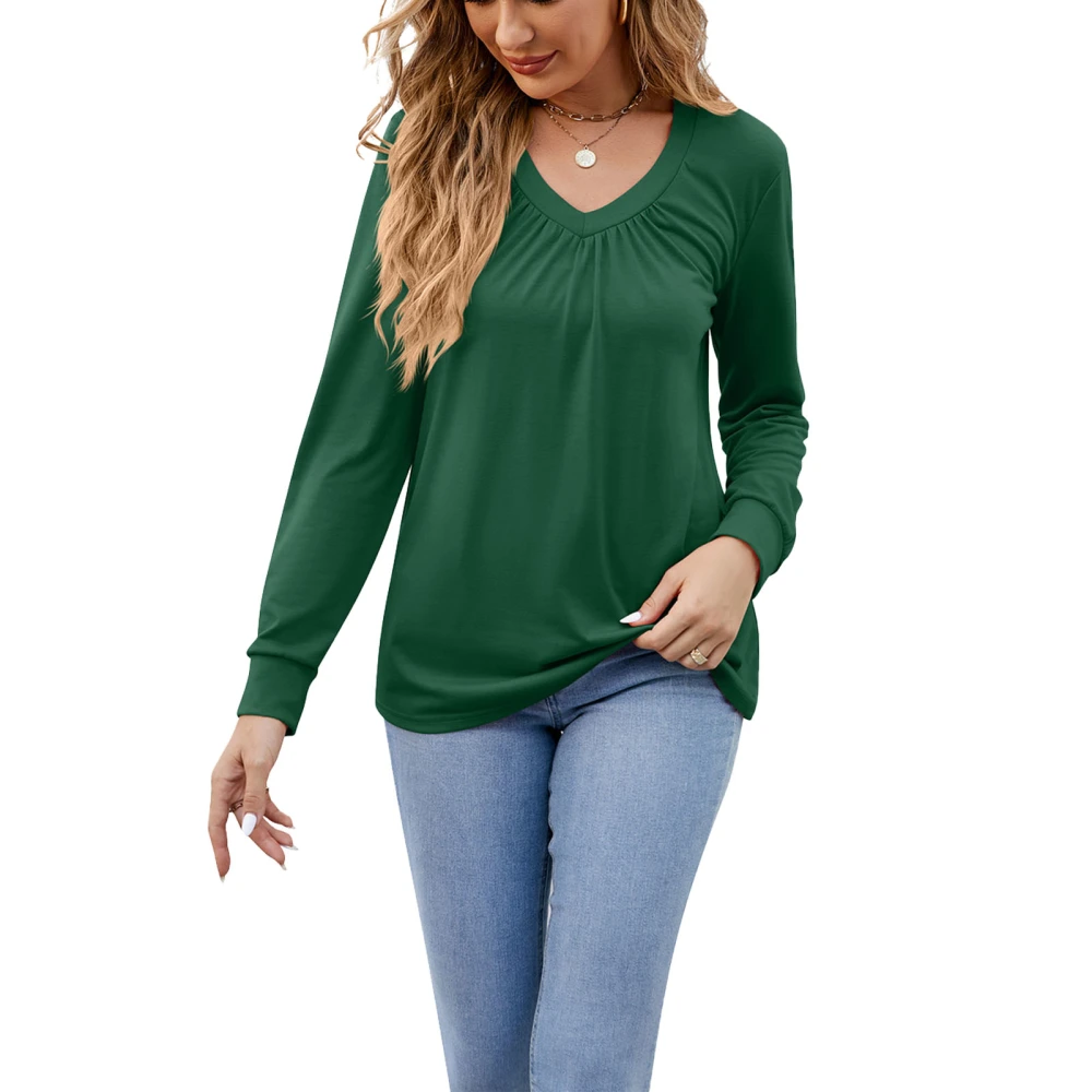 V Neckline Pleated Blouse Plain Color Long Sleeve Tunic Pleated Blouse Top for Women Green XXL