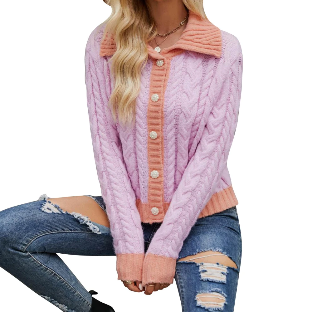 Women Button Up Cable Knit Top Turn Down Collar Color Blocking Long Sleeve Textured Open Front Sweater Purple S