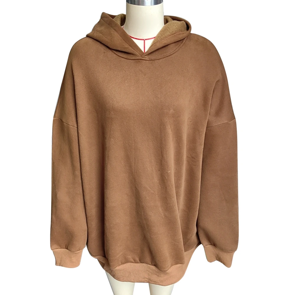 Women Hoodies Drop Shoulder Long Sleeves Loose Fitting Pure Color Casual Oversized Pullover Top Brown S