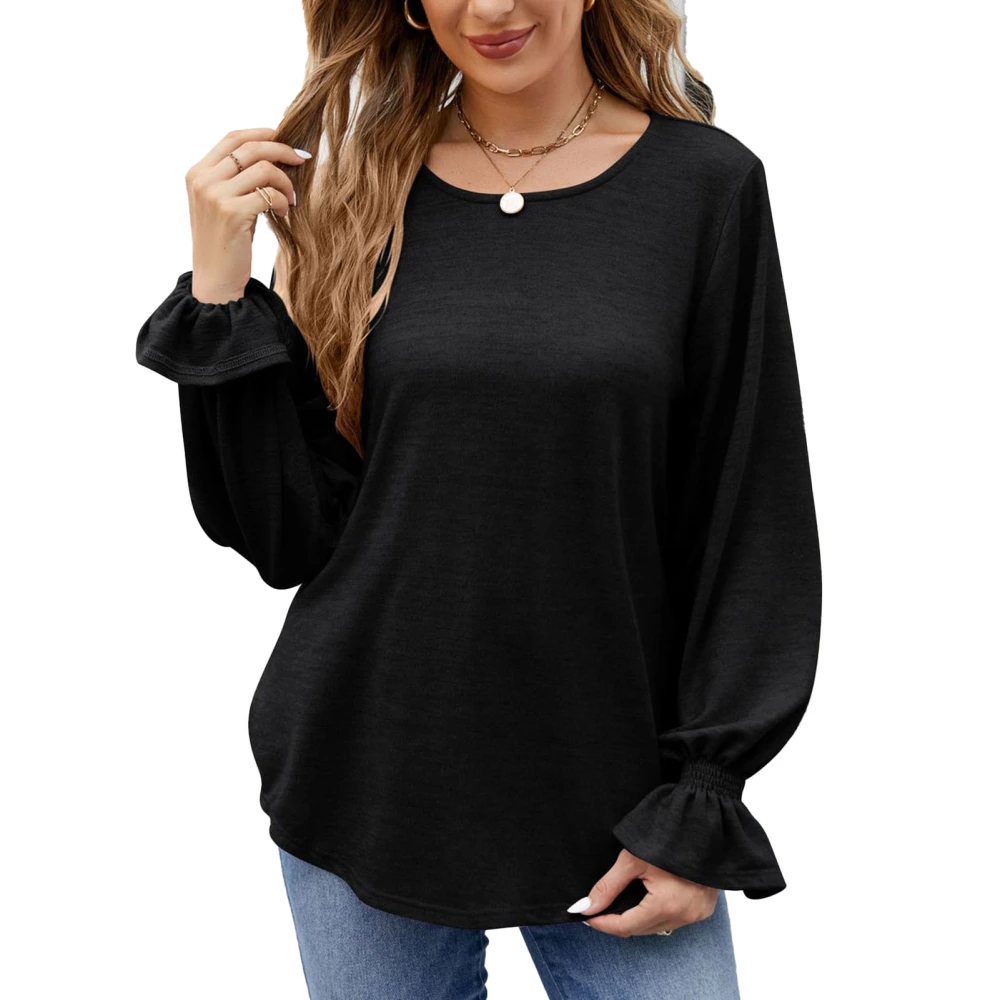 Round Neck Shirred Blouse Long Sleeve Curved Hem Plain Color Tunic Blouse Top for Women Black M