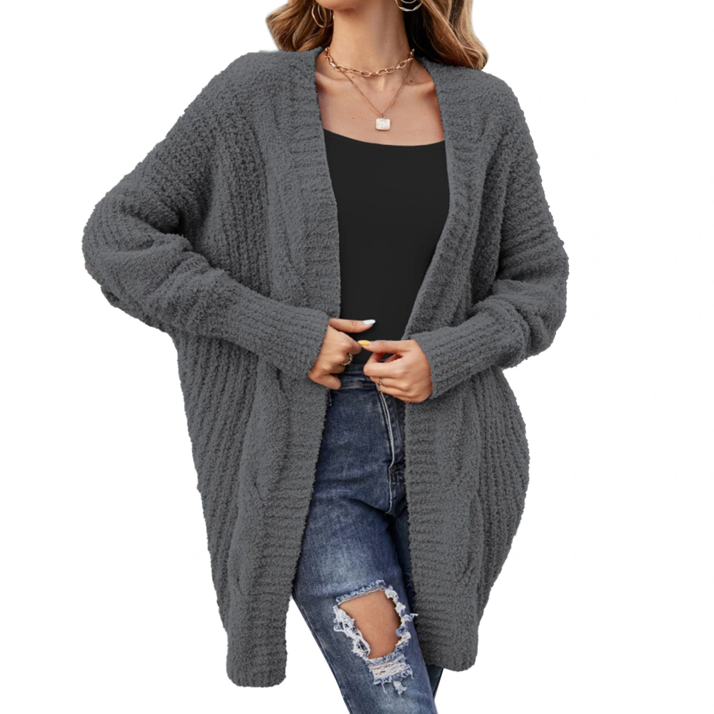 Open Front Outwear Long Sleeve V Neck Loose Casual Knitted Coat Solid Color for Women Gray L