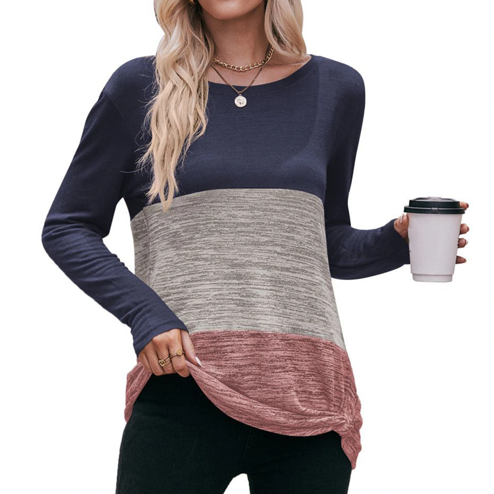 Women T Shirt Long Sleeve Round Neck Casual Blocking Color Top with Kink for Shopping Work Blue Orange XXL