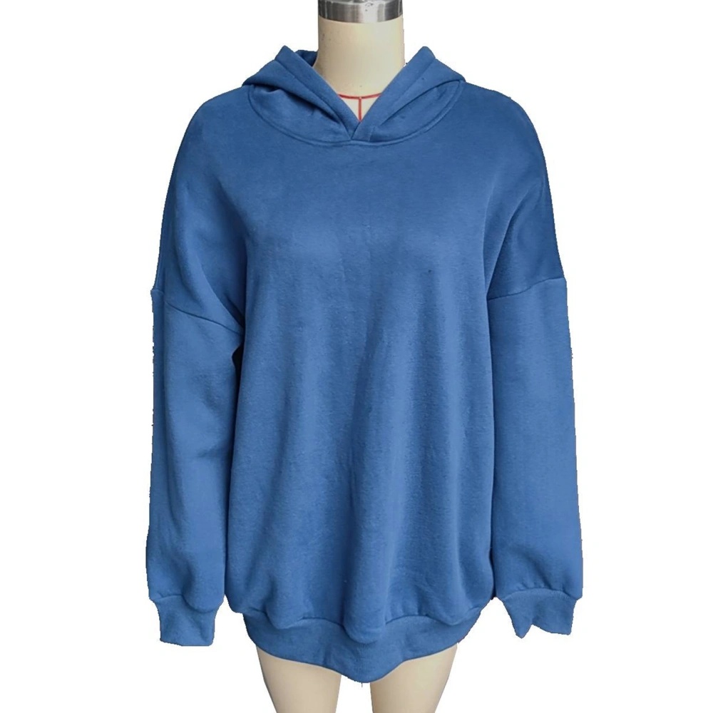 Women Hoodies Drop Shoulder Long Sleeves Loose Fitting Pure Color Casual Oversized Pullover Top Blue XL