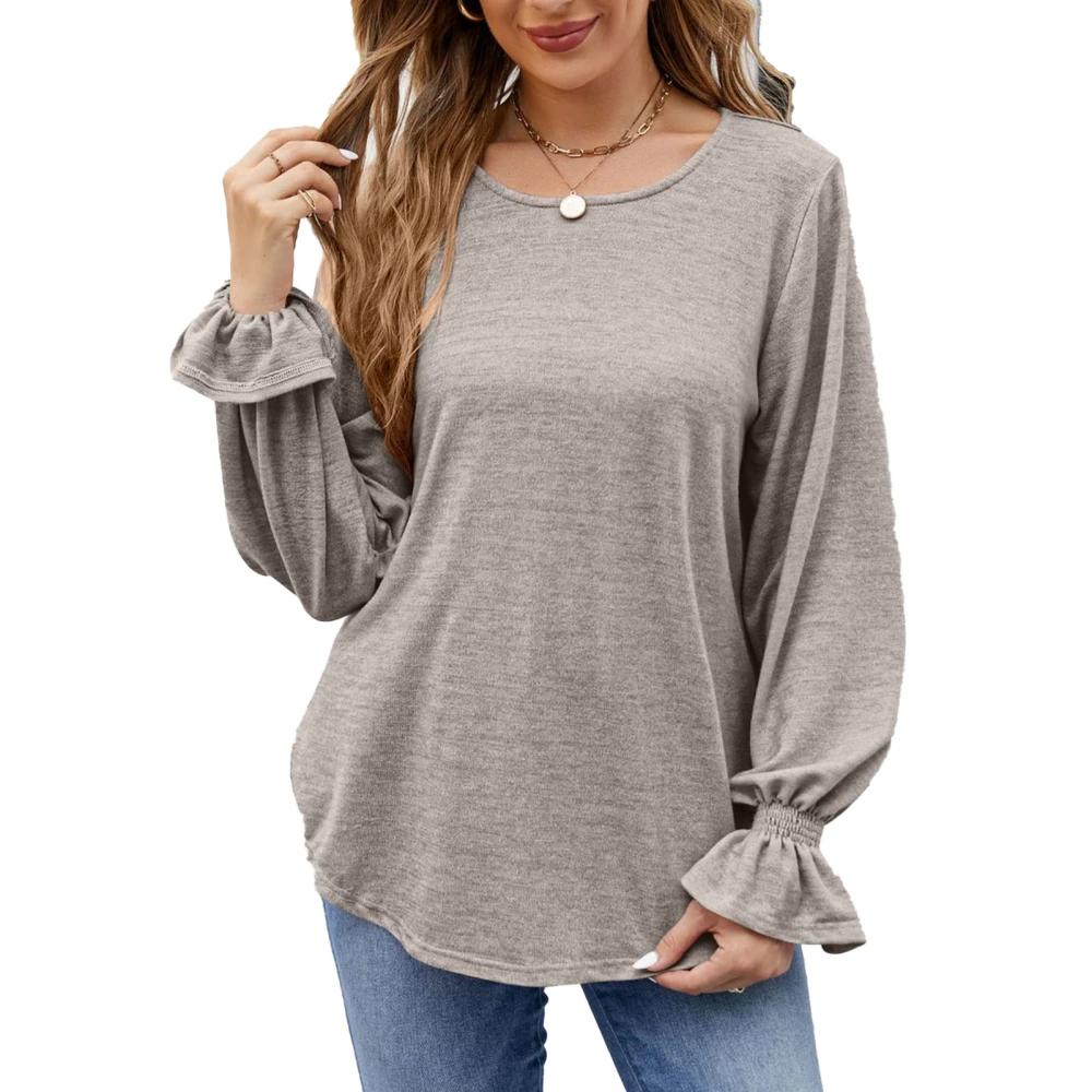 Round Neck Shirred Blouse Long Sleeve Curved Hem Plain Color Tunic Blouse Top for Women Grey S