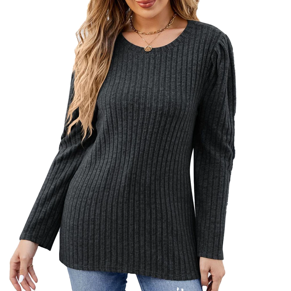 Women Casual Top Bubble Long Sleeve Clothing Polyester Fiber Round Neck Pullover for Daily Life Work Black L