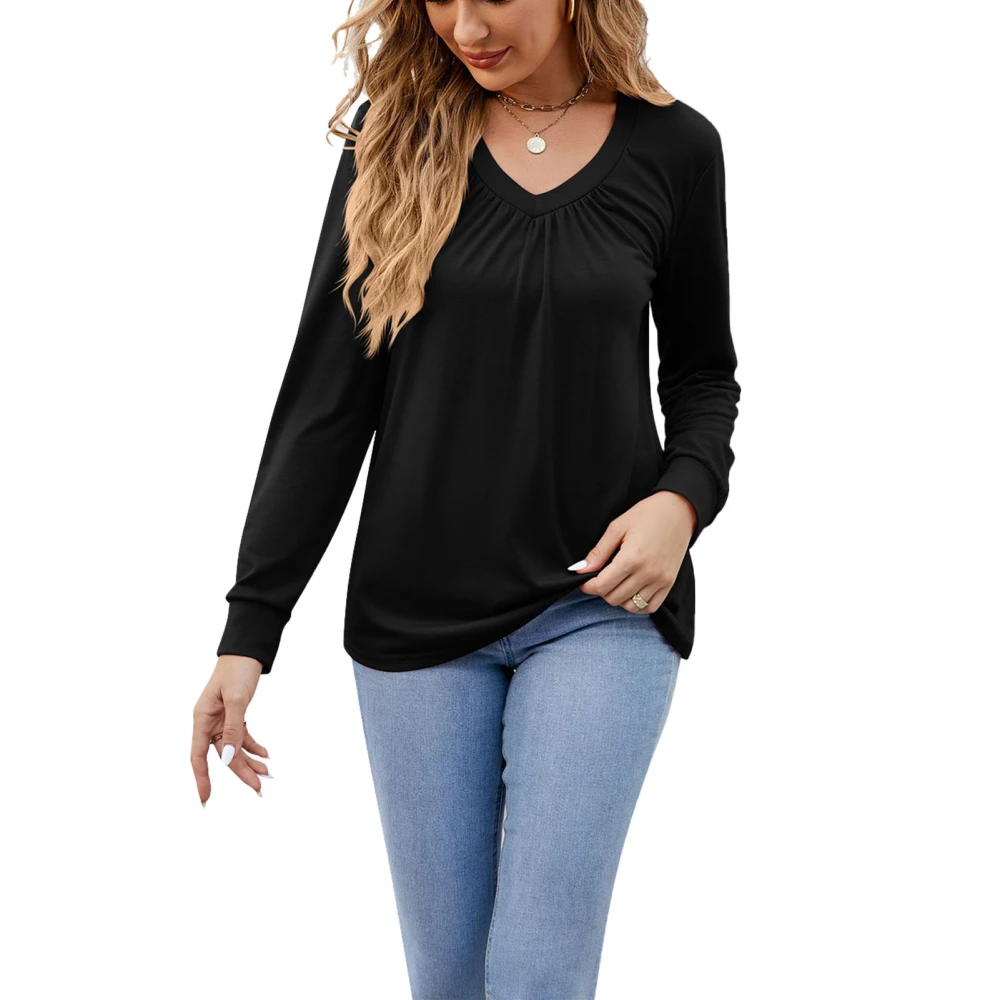 V Neckline Pleated Blouse Plain Color Long Sleeve Tunic Pleated Blouse Top for Women Black XL