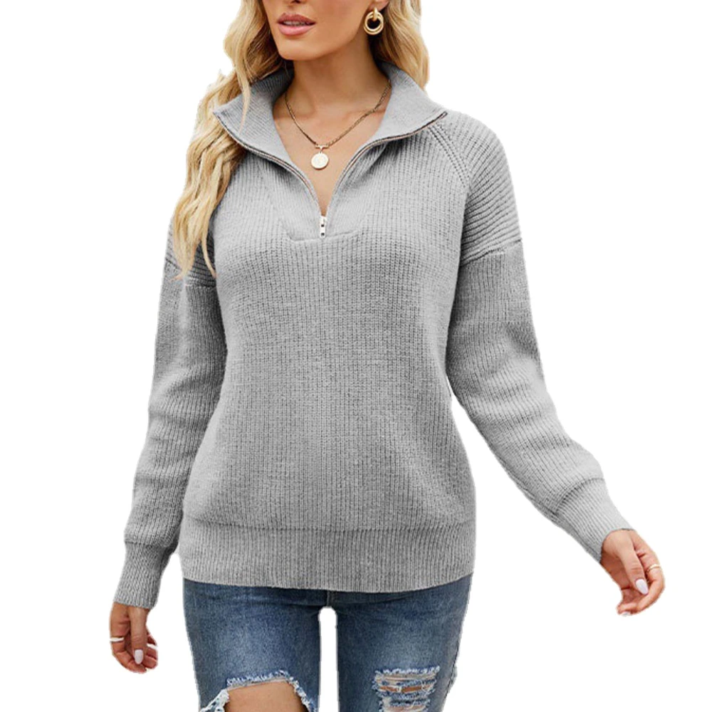 Women Quarter Zip Pullover Sweater Long Sleeve Loose Fit Stylish Knit Pullover Top for Autumn Winter Gray L