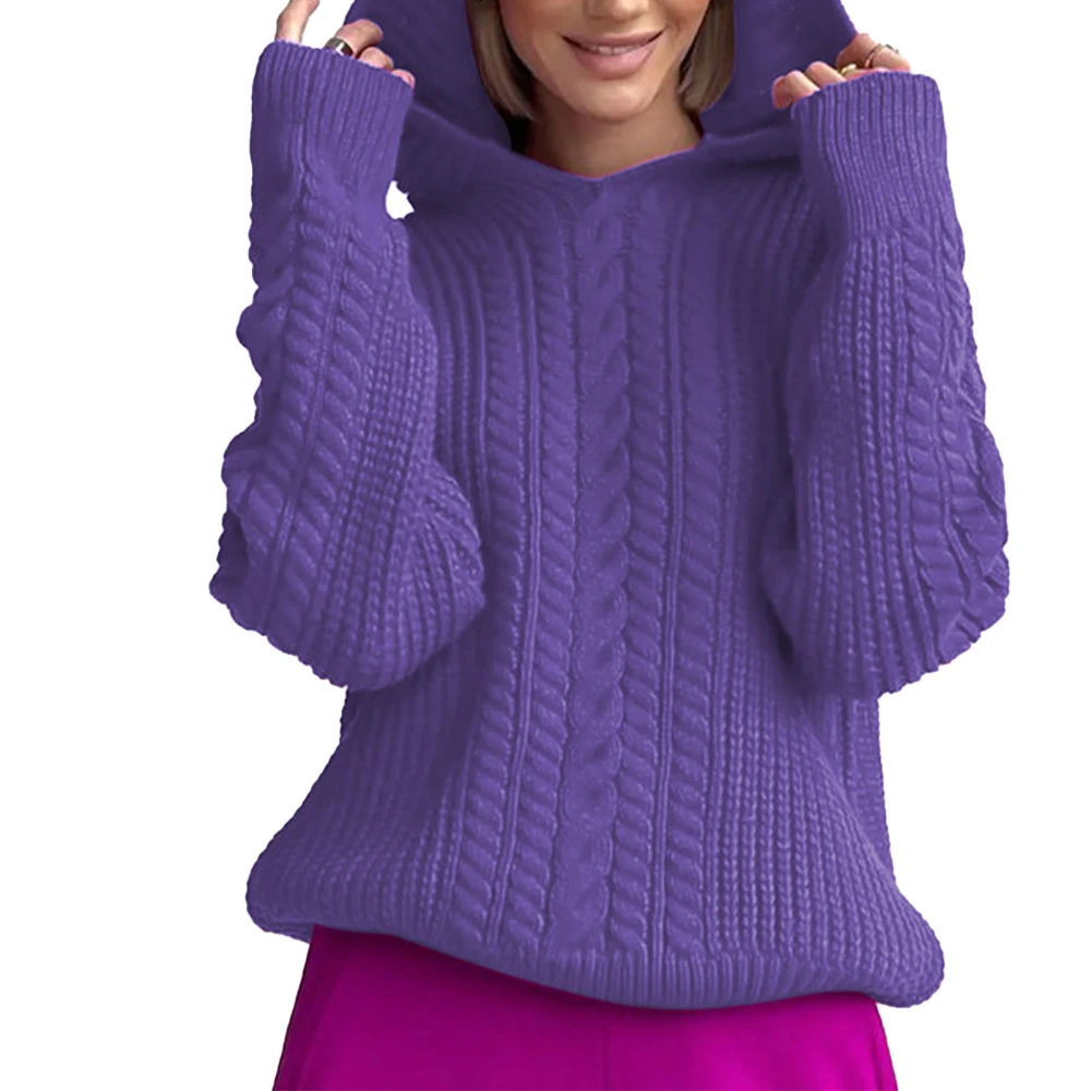 Women Hooded Pullover Sweater Long Sleeves Loose Fitting Casual Twist Knitted Sweatershirt Top Dark Purple M