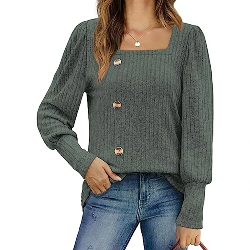 Women Top Long Puff Sleeve Button Plain Elegant Women Sweater for Work Daily Holiday OD Green XL