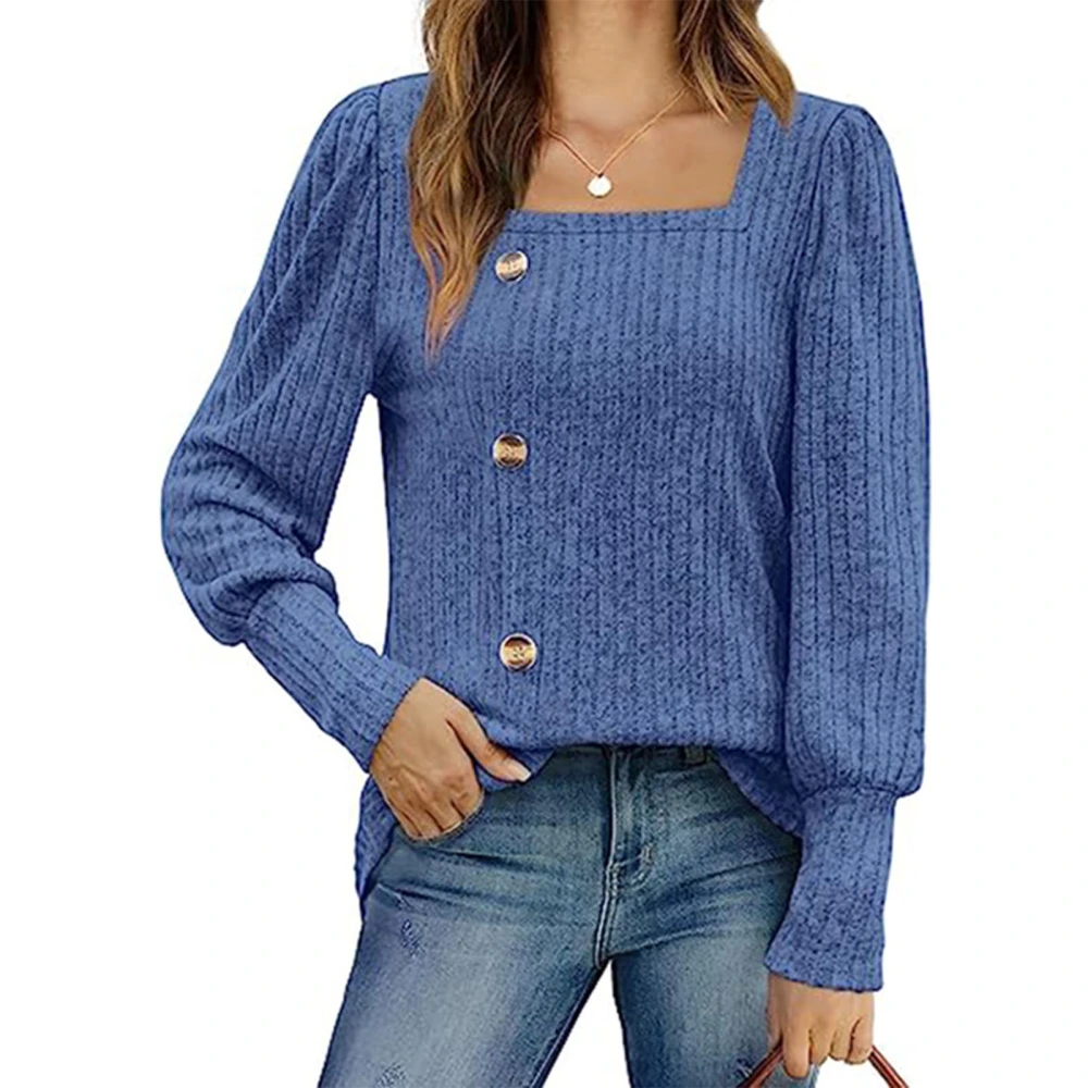 Women Top Long Puff Sleeve Button Plain Elegant Women Sweater for Work Daily Holiday Blue XL