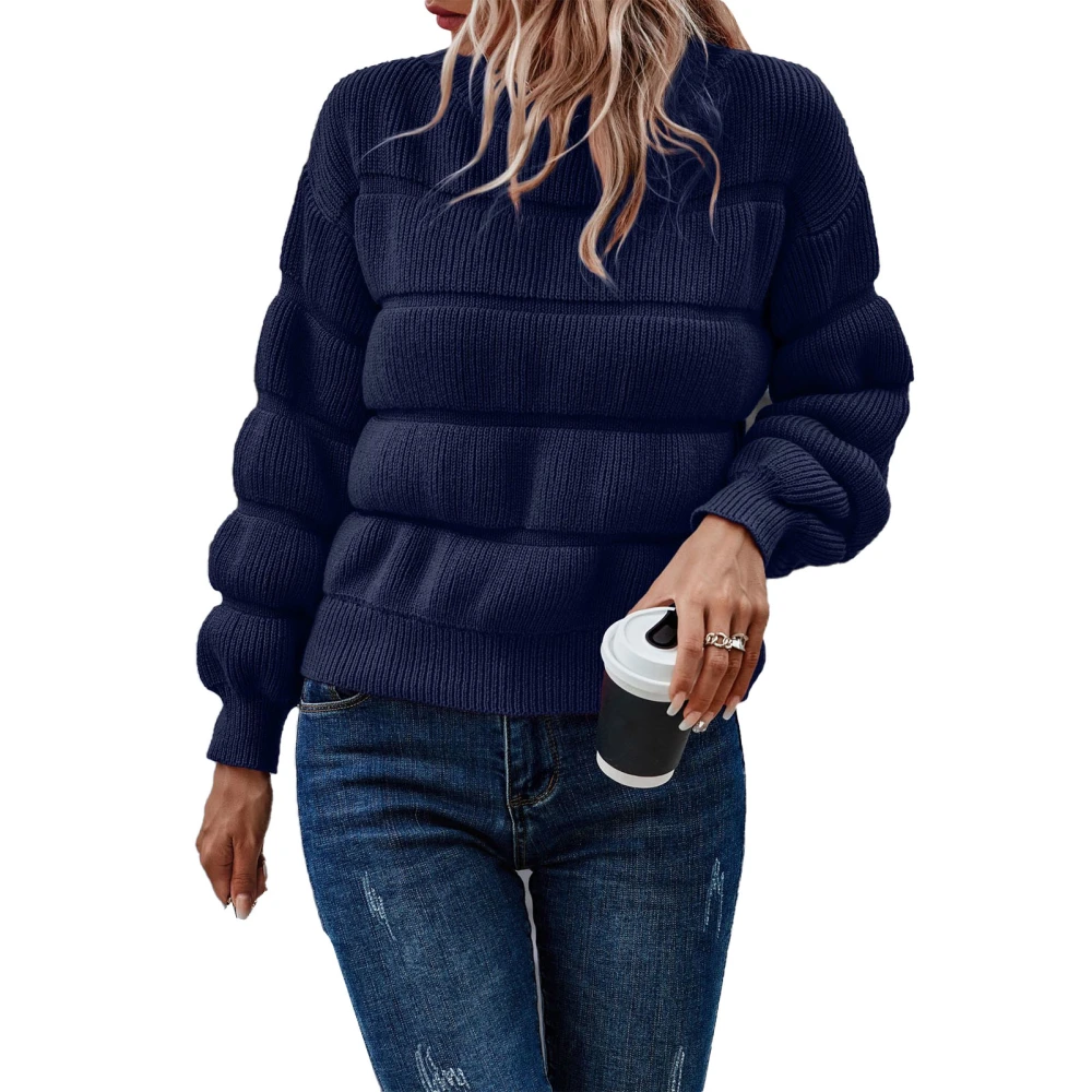 Women Crewneck Pullover Sweater Long Sleeve Loose Fit Casual Knitted Top for Cold Weather Dark Blue XL