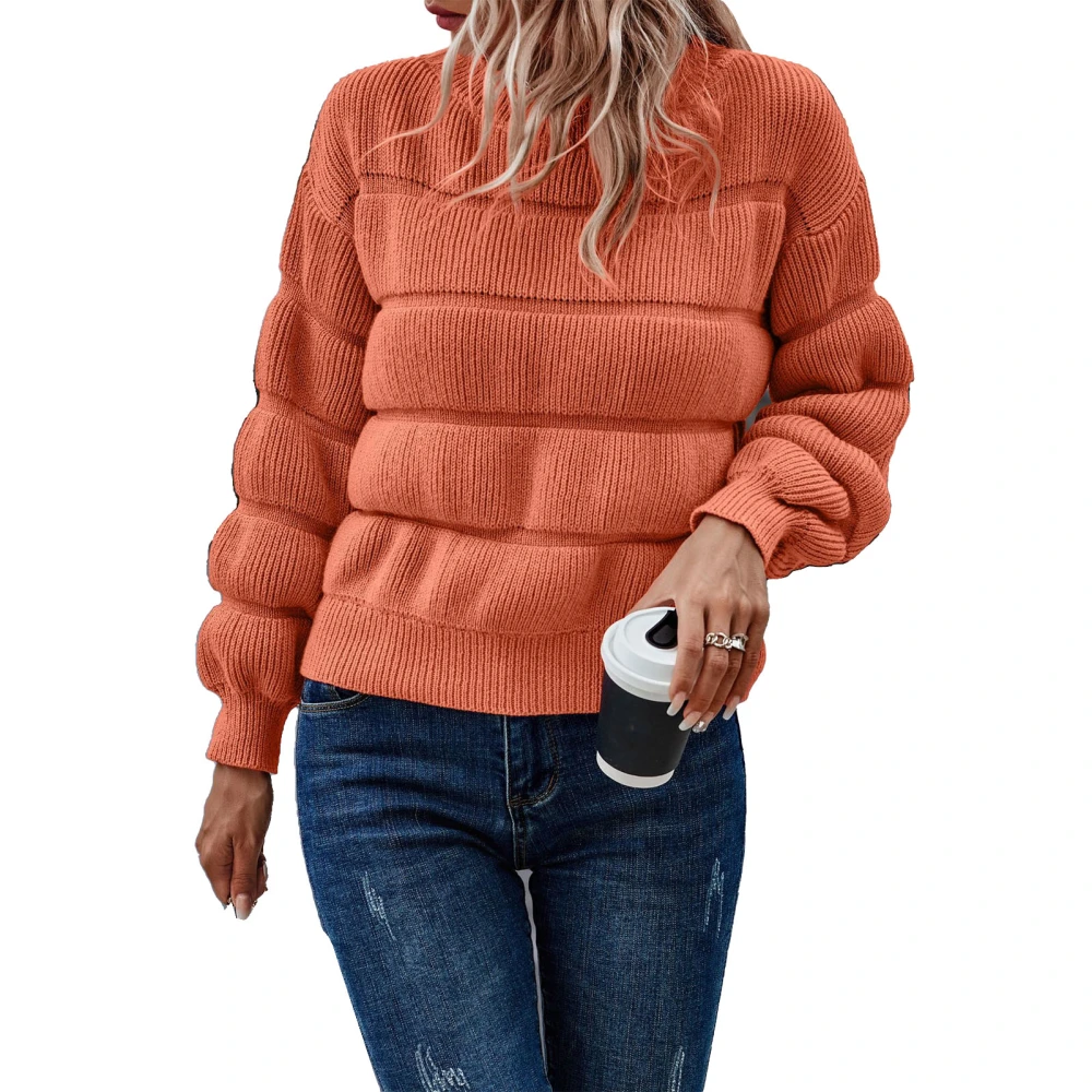 Women Crewneck Pullover Sweater Long Sleeve Loose Fit Casual Knitted Top for Cold Weather Orange S