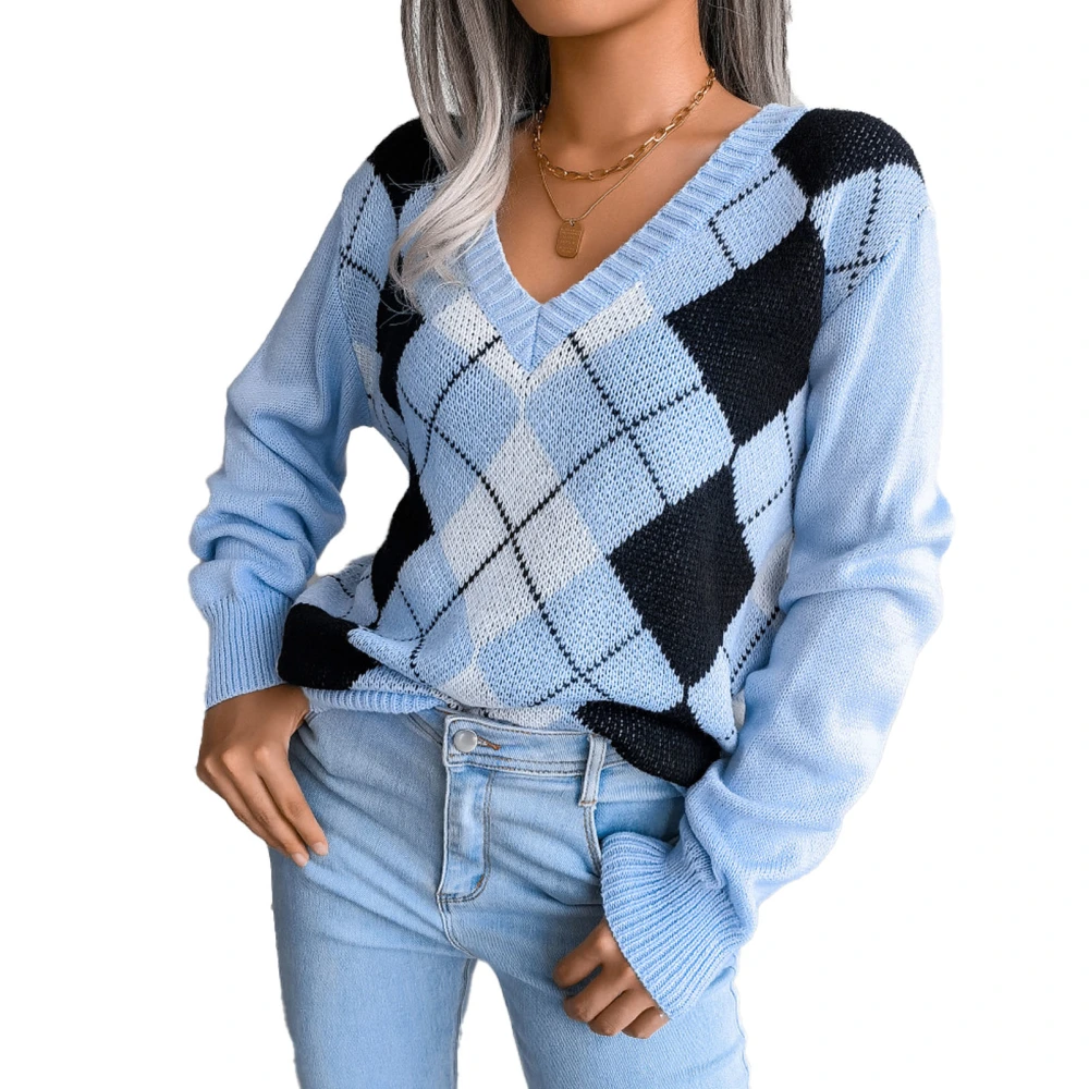 V Neckline Plaid Pullover Sweater Long Sleeve Casual Fitted Plaid Knitted Sweater for Women Blue L