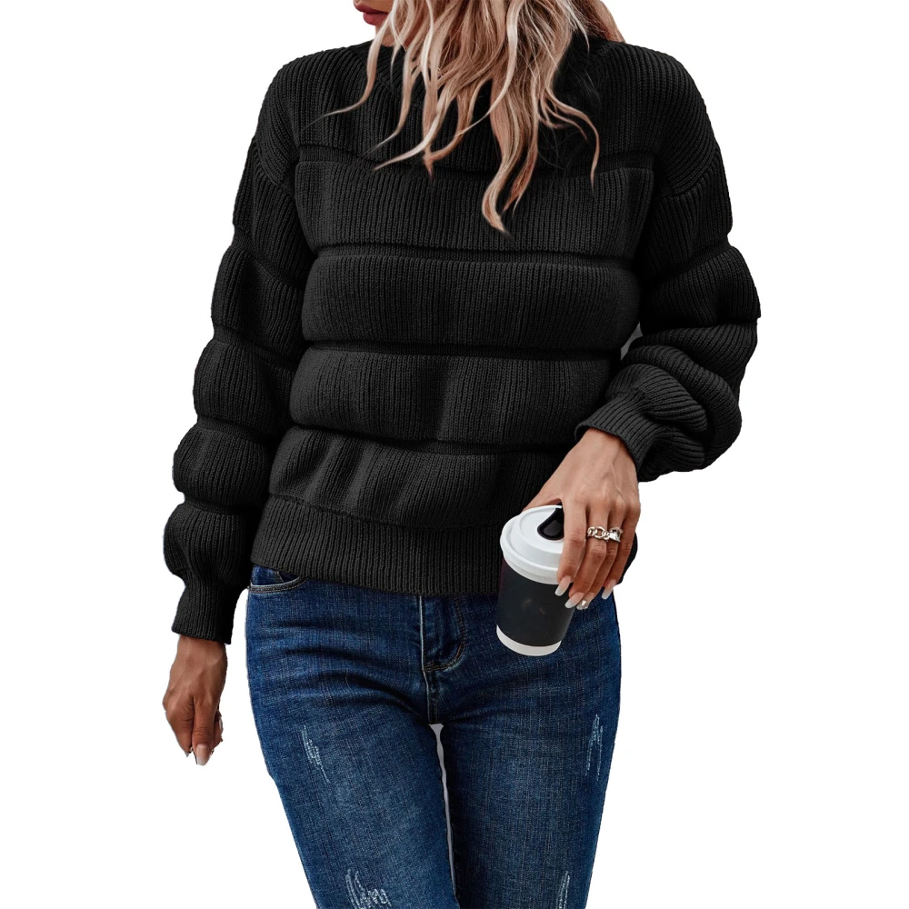 Women Crewneck Pullover Sweater Long Sleeve Loose Fit Casual Knitted Top for Cold Weather Black XL