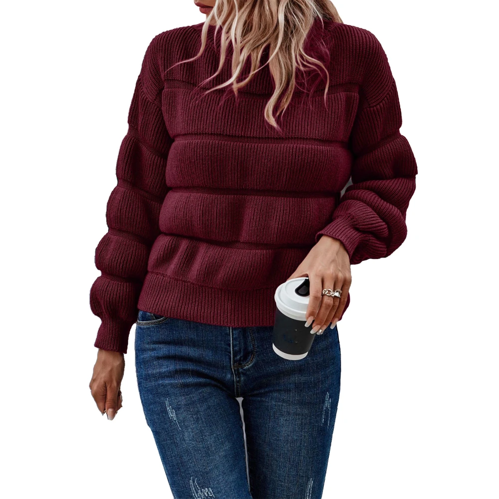 Women Crewneck Pullover Sweater Long Sleeve Loose Fit Casual Knitted Top for Cold Weather Wine Red S