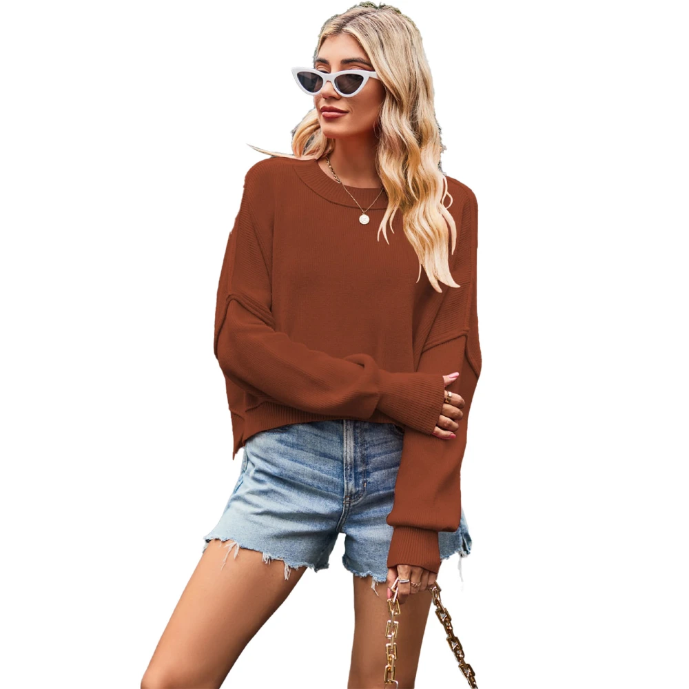 Women Casual Sweater Fashionable Round Neck Pullover Sweater Drop Shoulder Sleeve Knitted Top Rust Red XL