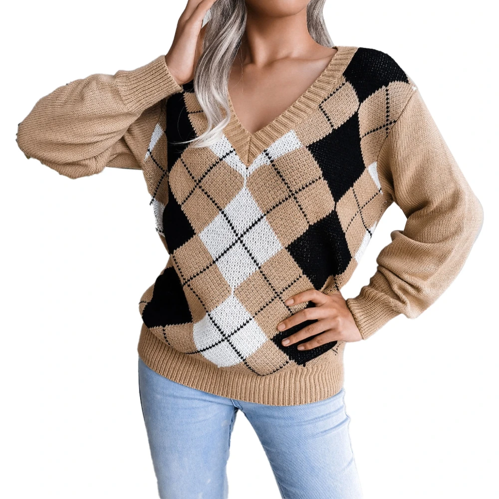 V Neckline Plaid Pullover Sweater Long Sleeve Casual Fitted Plaid Knitted Sweater for Women Khaki S