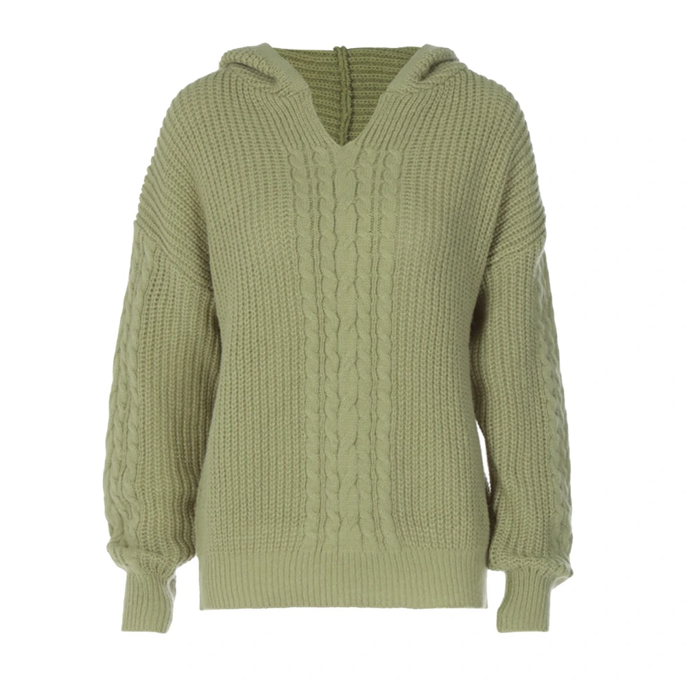 Women Hooded Pullover Sweater Long Sleeves Loose Fitting Casual Twist Knitted Sweatershirt Top Green L