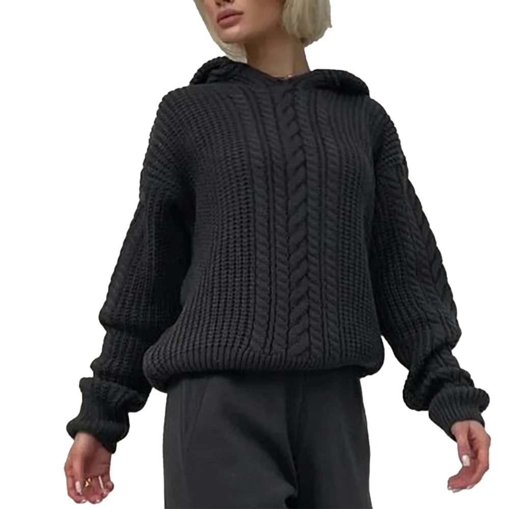 Women Hooded Pullover Sweater Long Sleeves Loose Fitting Casual Twist Knitted Sweatershirt Top Black L