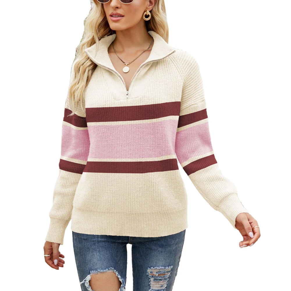 Women Quarter Zip Pullover Sweater Long Sleeve Loose Fit Stylish Knit Pullover Top for Autumn Winter Apricot L