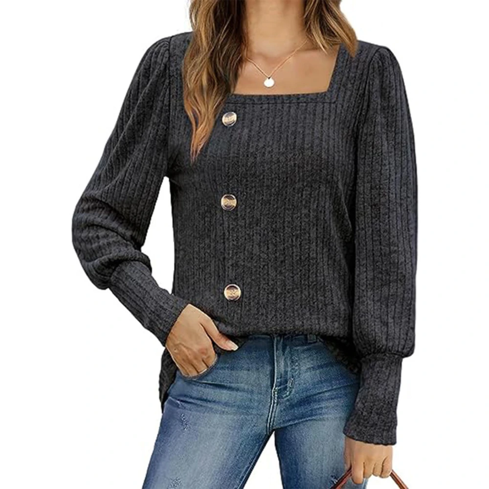 Women Top Long Puff Sleeve Button Plain Elegant Women Sweater for Work Daily Holiday Black Grey M