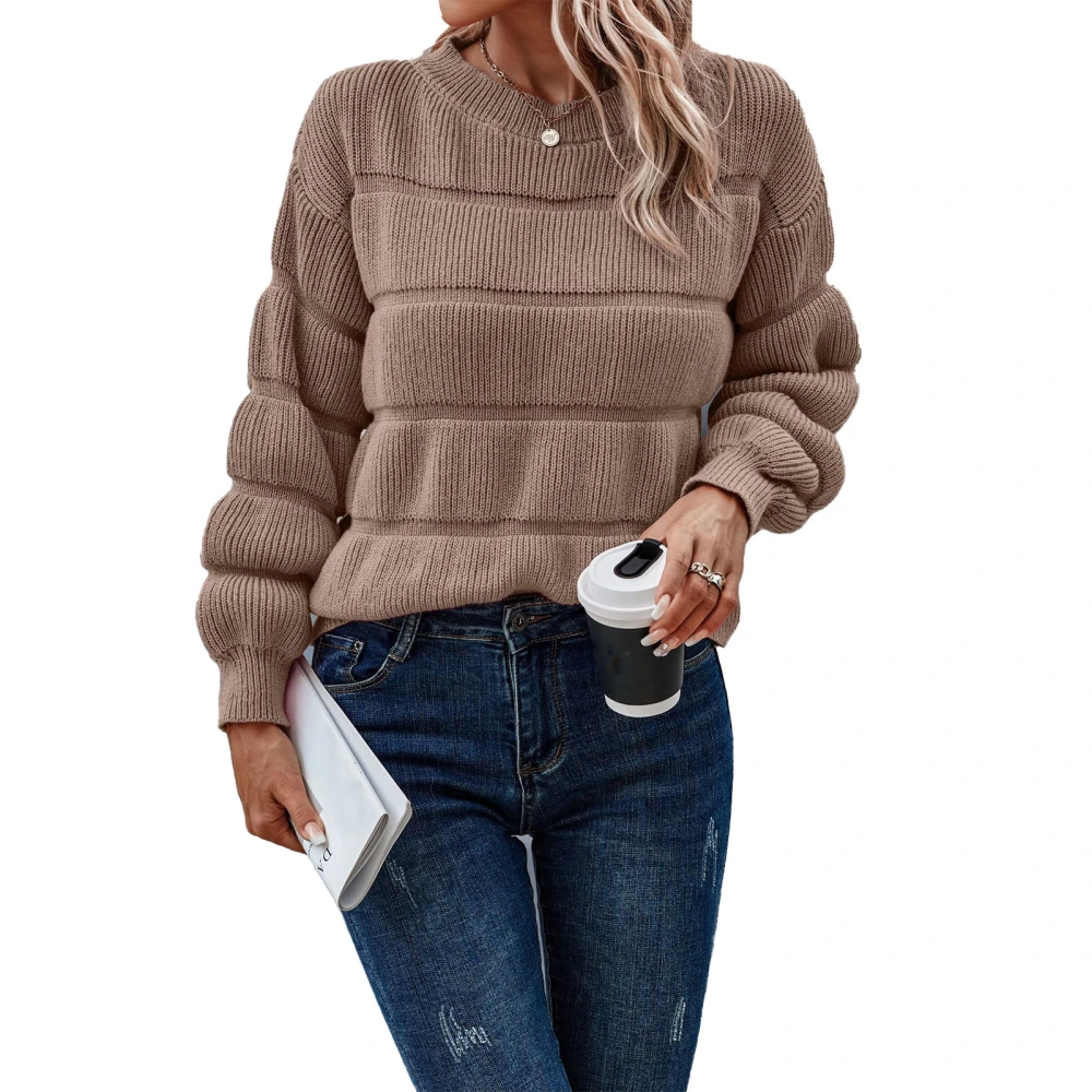 Women Crewneck Pullover Sweater Long Sleeve Loose Fit Casual Knitted Top for Cold Weather Khaki L