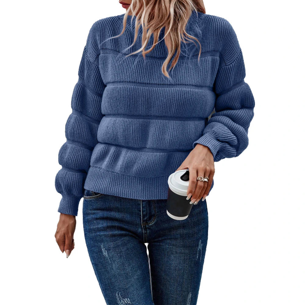 Women Crewneck Pullover Sweater Long Sleeve Loose Fit Casual Knitted Top for Cold Weather Blue M