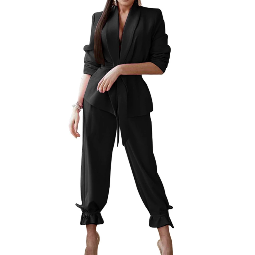 Women Suit Jacket Pants Set V Neck Slim Waist Bandage Pure Color Women Suit Outwear for Office Black XL