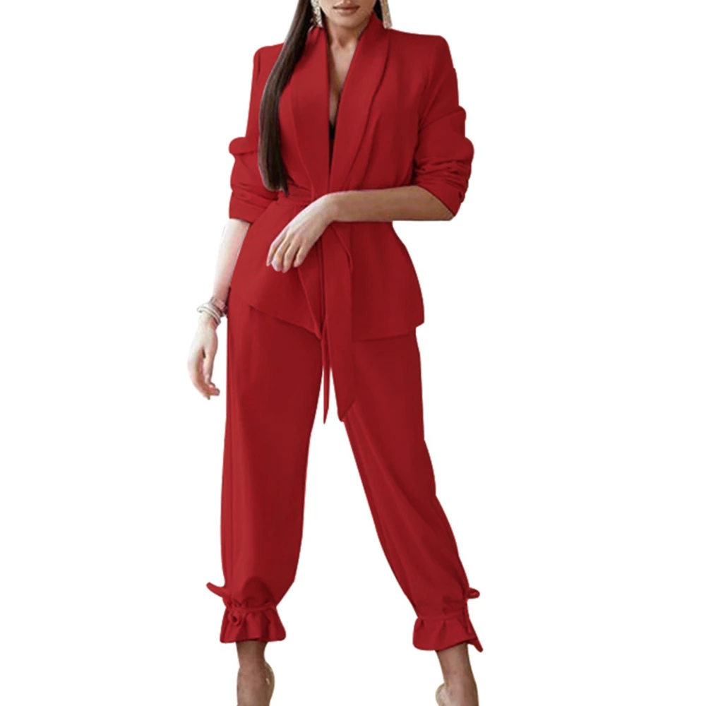 Women Suit Jacket Pants Set V Neck Slim Waist Bandage Pure Color Women Suit Outwear for Office Red S