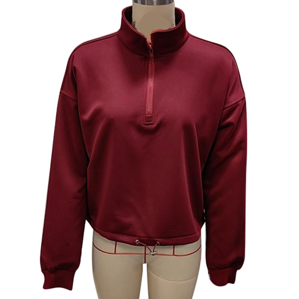 Women Casual 1/4 Zip Pullover Long Sleeve Loose Fit Drawstring Hem Quarter Zip Sweatshirt Wine Red M